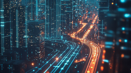 Smart Innovation city with connection cyber security network reciprocity over the night cityscape future wireless digital city and social media networking systems that connects people in the city