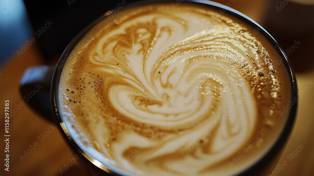 Aufkleber close up of latte with swirled foam in dark cup, showcasing intricate patterns. warm tones create co