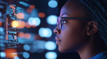 A side profile of a Black African American female IT professional, deeply focused on analyzing a complex data set on her screen. Augmented reality overlays surround her, displaying