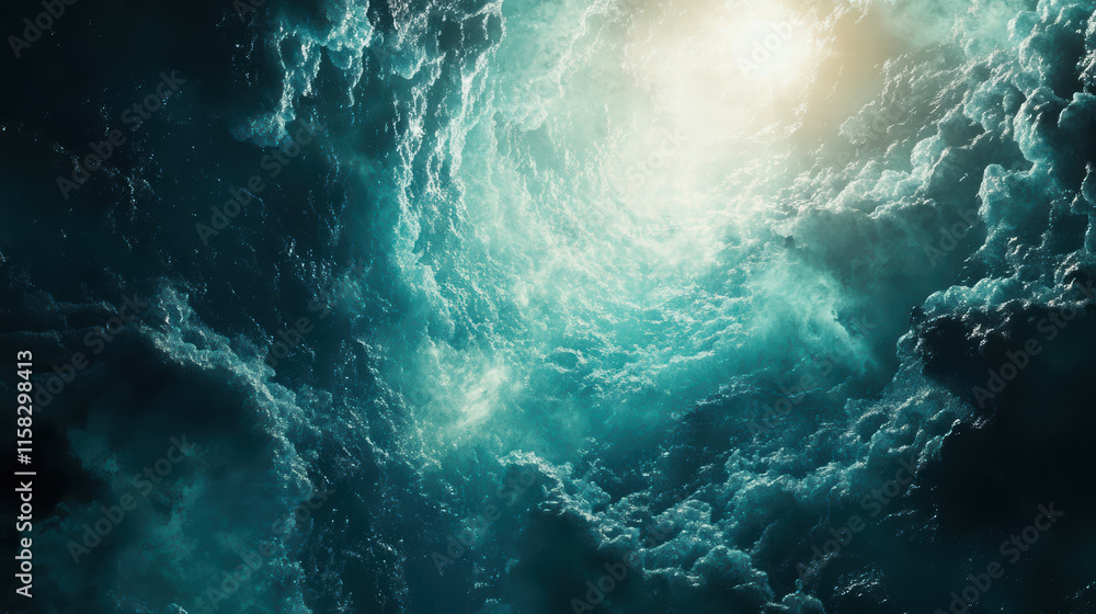 Poster dynamic waves in turquoise sea illuminated by sunlight create mesmerizing atmosphere. interplay of l