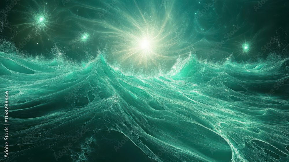 Poster dynamic waves in turquoise sea illuminated by countless stars create mesmerizing scene. vibrant colo