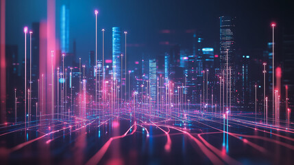 Naklejka premium Smart Innovation city with connection cyber security network reciprocity over the night cityscape future wireless digital city and social media networking systems that connects people in the city