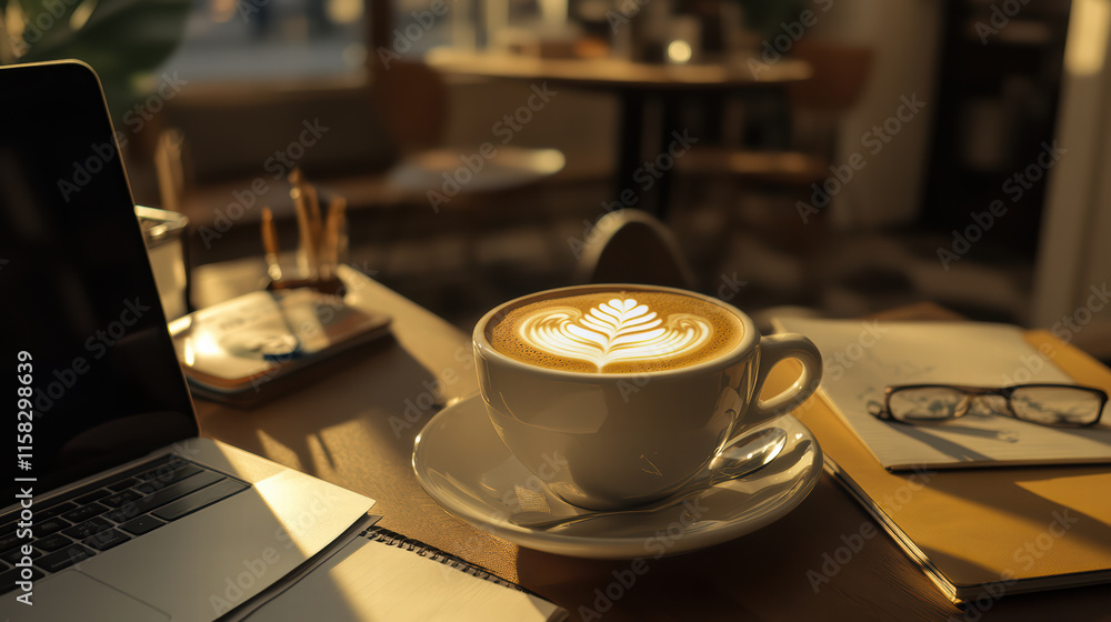 Poster hot coffee latte with artistic foam sits on table beside laptop and notepad, creating cozy workspace
