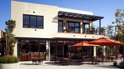 Obraz premium Modern Restaurant Building With Outdoor Patio Seating
