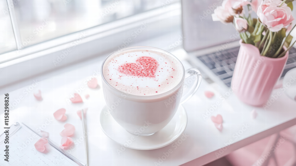 Poster hot latte with heart shaped foam sits on table beside laptop and notepad, creating cozy atmosphere. 