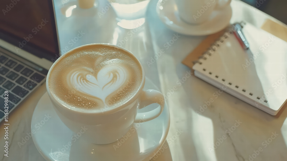 Aufkleber hot latte with heart shaped foam sits on table next to laptop and notepad, creating cozy and invitin