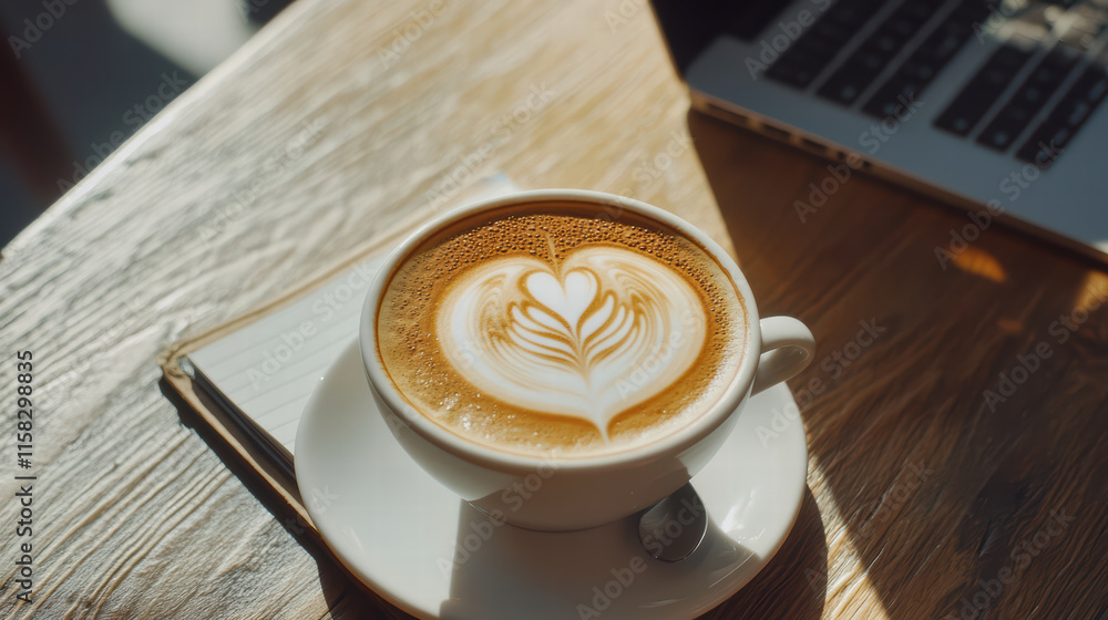 Poster hot latte with heart shaped foam on wooden table next to notepad and laptop, creating cozy and invit