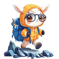 Naklejka premium Adorable Cartoon Lamb Climber with Backpack Trekking on Rocky Terrain.