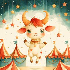 Fototapeta premium Adorable Cartoon Goat Suspended Between Circus Tents Underneath a Starry Sky.