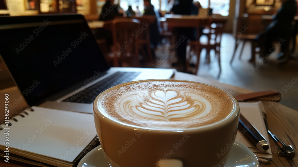 Poster hot latte with swirled foam sits on table next to laptop and notebook, creating cozy atmosphere perf