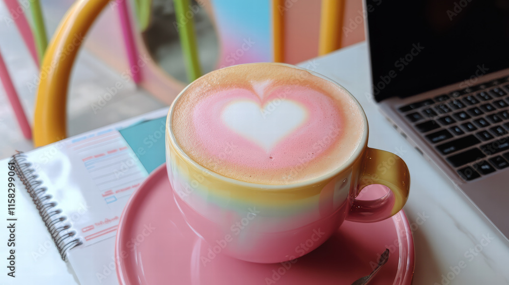 Poster colorful latte with heart foam art sits on pink plate next to notepad and laptop, creating cozy and 