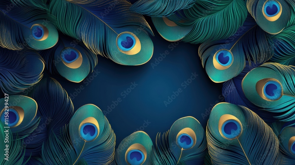 Fototapete Overlapping peacock feathers create a vibrant pattern with a soft blue background for text placement. Generative AI