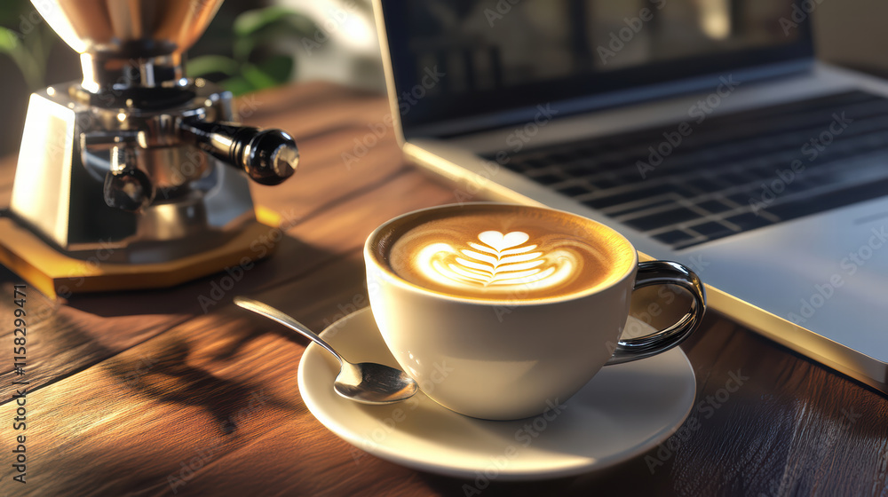 Poster steaming cup of latte with artistic design sits beside laptop, creating cozy workspace atmosphere. w