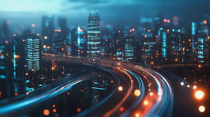Fototapeta premium Smart Innovation city with connection cyber security network reciprocity over the night cityscape future wireless digital city and social media networking systems that connects people in the city