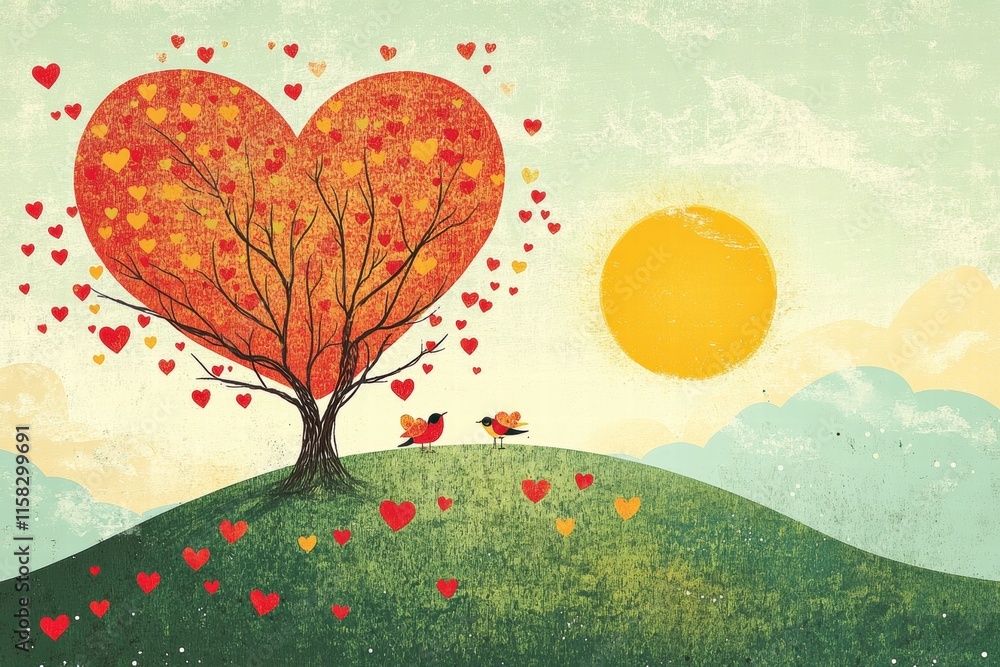 Aufkleber whimsical valentines day design with heart shaped tree and birds in a sunny landscape. generative ai