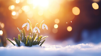 Obraz premium Beautiful white snowdrop flowers blossoming outdoors in snow