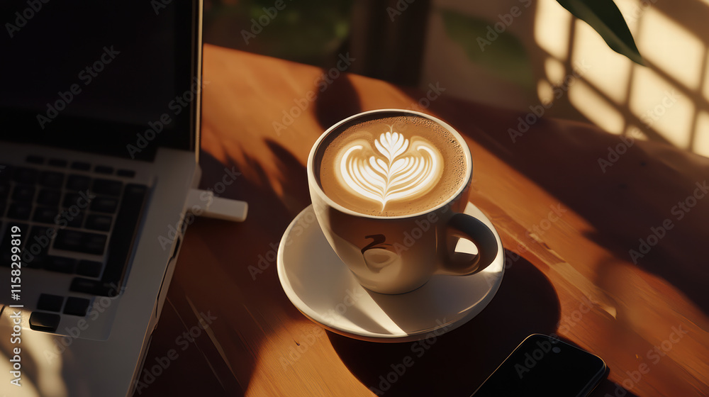 Poster warm latte in mug with creamy foam art beside open laptop, creating cozy workspace atmosphere. perfe