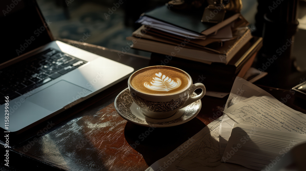 Aufkleber warm latte with intricate design sits on saucer beside laptop and stack of books, creating cozy work