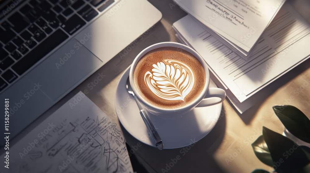 Poster warm latte with intricate design beside laptop and papers, creating cozy workspace atmosphere. perfe