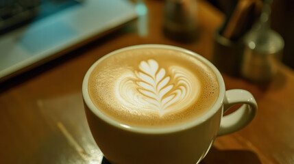 Warm latte in white mug with creamy foam art, placed on wooden table next to open laptop, creating cozy atmosphere for work or relaxation