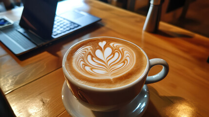 Warm latte in mug with creamy foam art, placed on wooden table next to open laptop, creating cozy atmosphere for work or relaxation
