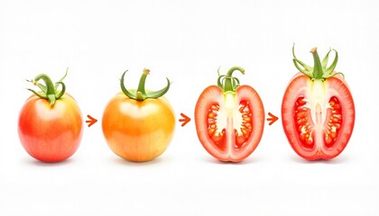 Four red ripe tomatoes in different stages of being cut open on a white background