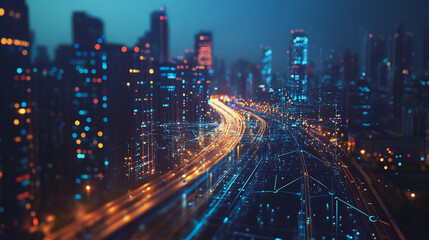 Fototapeta premium Smart Innovation city with connection cyber security network reciprocity over the night cityscape future wireless digital city and social media networking systems that connects people in the city