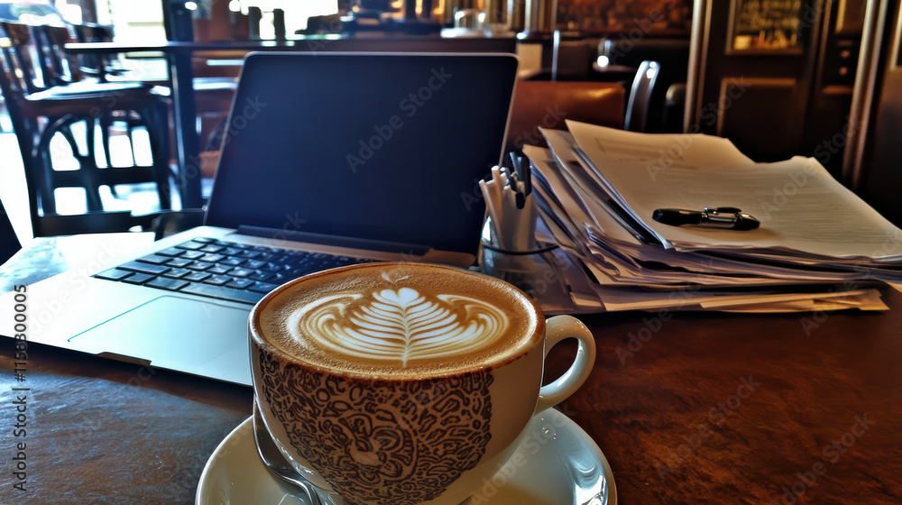 Aufkleber warm latte with intricate design beside laptop and stack of papers, creating cozy workspace atmosphe
