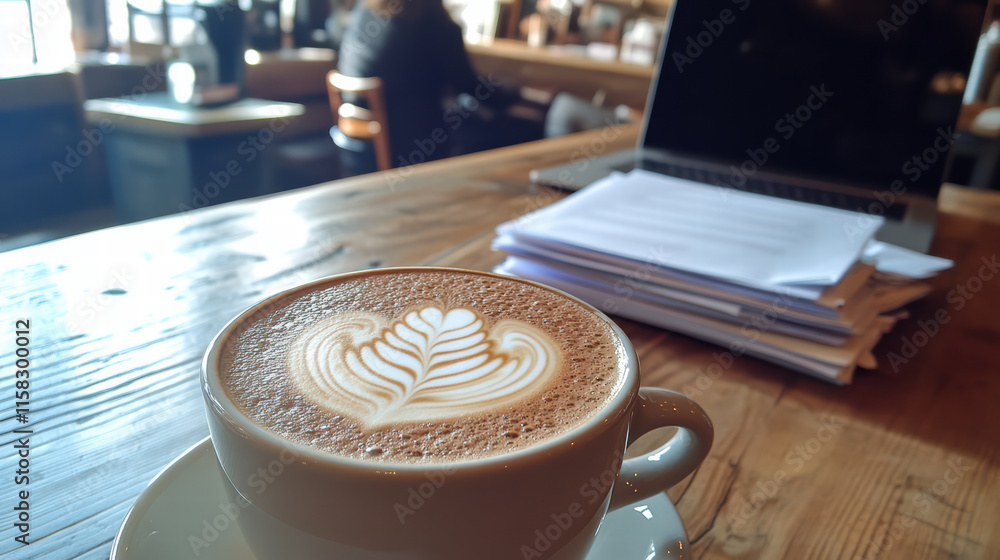 Poster warm latte with intricate design on wooden table, laptop and stack of papers in background, creating