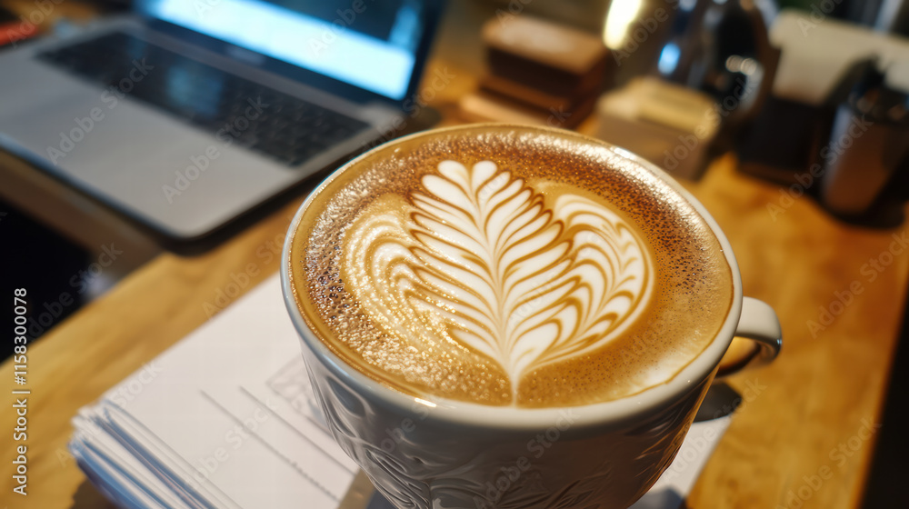 Poster warm latte with intricate design on top, placed beside laptop and stack of papers, creating cozy wor