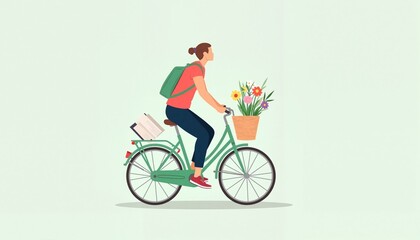 Obraz premium Person riding a bicycle with a basket full of flowers on a pastel green background