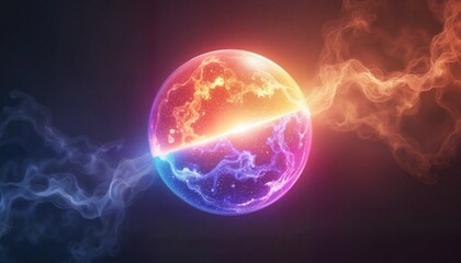 Fototapeta premium Abstract glowing sphere of energy split in half with blue and orange colors.