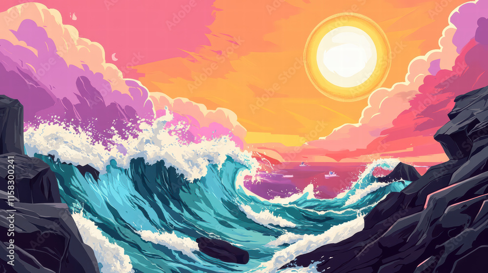 Poster vibrant waves crashing against dark cliffs under colorful sunset sky, creating serene yet dynamic co