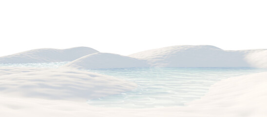 Snow-covered hills under a bright winter sky. 3D rendering.