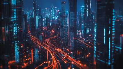 Smart Innovation city with connection cyber security network reciprocity over the night cityscape future wireless digital city and social media networking systems that connects people in the city
