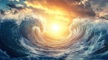 Majestic waves crashing under vibrant sunset sky, creating stunning seascape. golden sun illuminates water, evoking sense of tranquility and awe