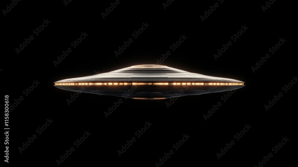 Poster mysterious flying saucer encounter unknown location sci-fi imagery dark space side view ufo phenomen