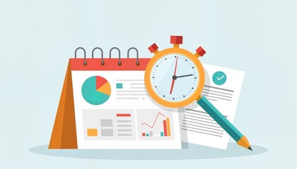 Calendar, clock, pencil, and document with checkmark on blue background