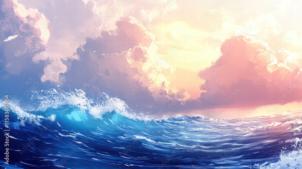 Poster serene ocean scene with gentle waves rolling in under warm sunlit sky, creating tranquil atmosphere.