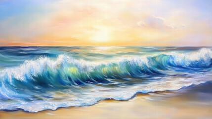 Obraz premium Gentle waves rolling in under warm sunlit atmosphere create serene coastal scene. vibrant colors of ocean and sky evoke sense of tranquility and beauty