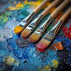 Fototapeta premium Close-up of paintbrushes resting on a vibrant artist's palette with colorful oil paint.