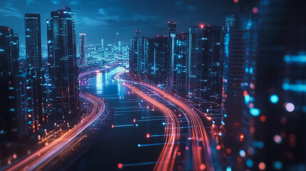 Obraz premium Smart Innovation city with connection cyber security network reciprocity over the night cityscape future wireless digital city and social media networking systems that connects people in the city