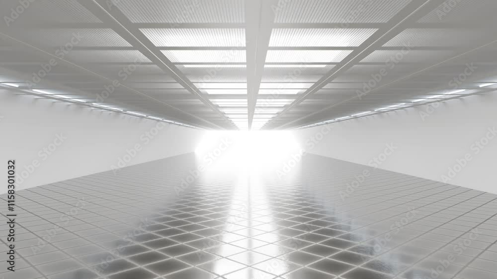 Poster futuristic bright corridor with reflective floor 3d looping render animation
