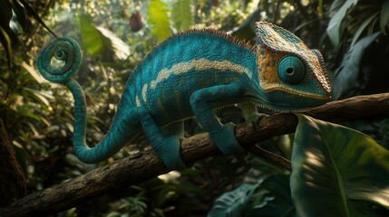 Fototapeta premium Vibrant Chameleon on Leafy Branch in Tropical Forest