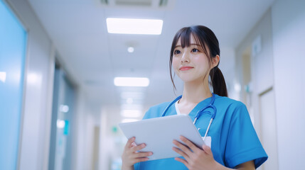 Female Doctor Wearing Scrubs In Hospital Corridor Using Digital Tablet