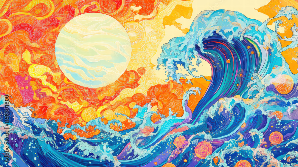 Poster vibrant waves in colorful sea with bright sun backdrop create dynamic scene. swirling patterns and v