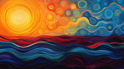 Vibrant sunset over colorful waves, showcasing swirling patterns and rich hues. sun radiates warmth, creating serene and dynamic atmosphere