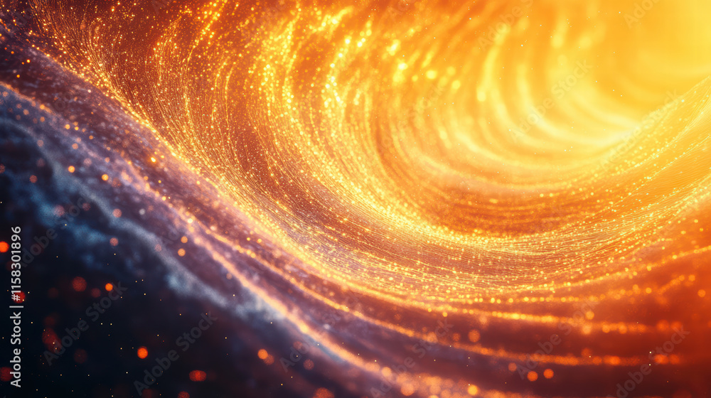 Poster mesmerizing swirl of golden and orange light creates dynamic wave effect, evoking sense of energy an