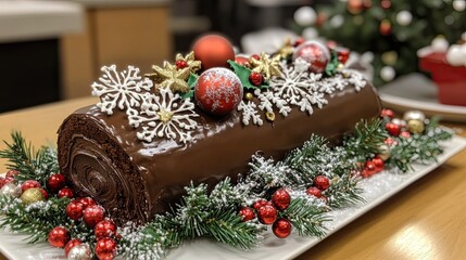 A chocolate Yule log cake rests on a white plate, intricately decorated with Christmas ornaments, delicate snowflakes, and a dusting of icing. This festive dessert brings joy to family gatherings duri