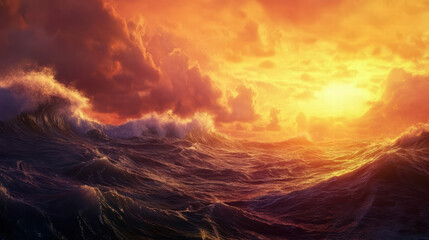 Obraz premium Majestic waves rolling in at sunrise, surrounded by vibrant clouds and radiant sun, create breathtaking seascape that evokes tranquility and awe